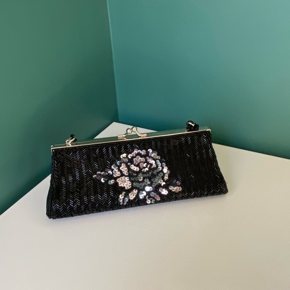 VINTAGE 1960s Black Beaded Sequin Rose Purse with Handle 🌹 Evening Wedding Mini - Picture 3 of 7